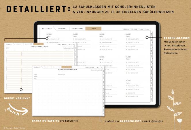 Download Terminkalender für Lehrerinnen & Lehrer, Schuljahr 2023 2024, mit Stundenpläne, 9 Klassenlisten für 35 Schüler:innen und weitere Planungshelfer